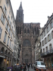 A side view of the massive red sandstone cathedral