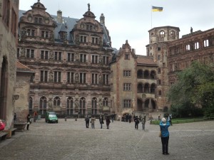 The medieval castle ruins in Heidelberg housing the largest wine barrell in Germany