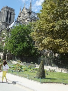 The park around Notre Dame with a new statue of Pope John Paul.  This is also the park featured in the movie "Julia/Julie."