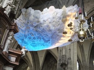 These were hand-made lace art expressions hanging from the ceiling of St. Stephens.  The lighted words were faith, hope and love.  They were very pretty but didn't seem to fit in this very traditional, dark cathedral. They were startling when you entered. 