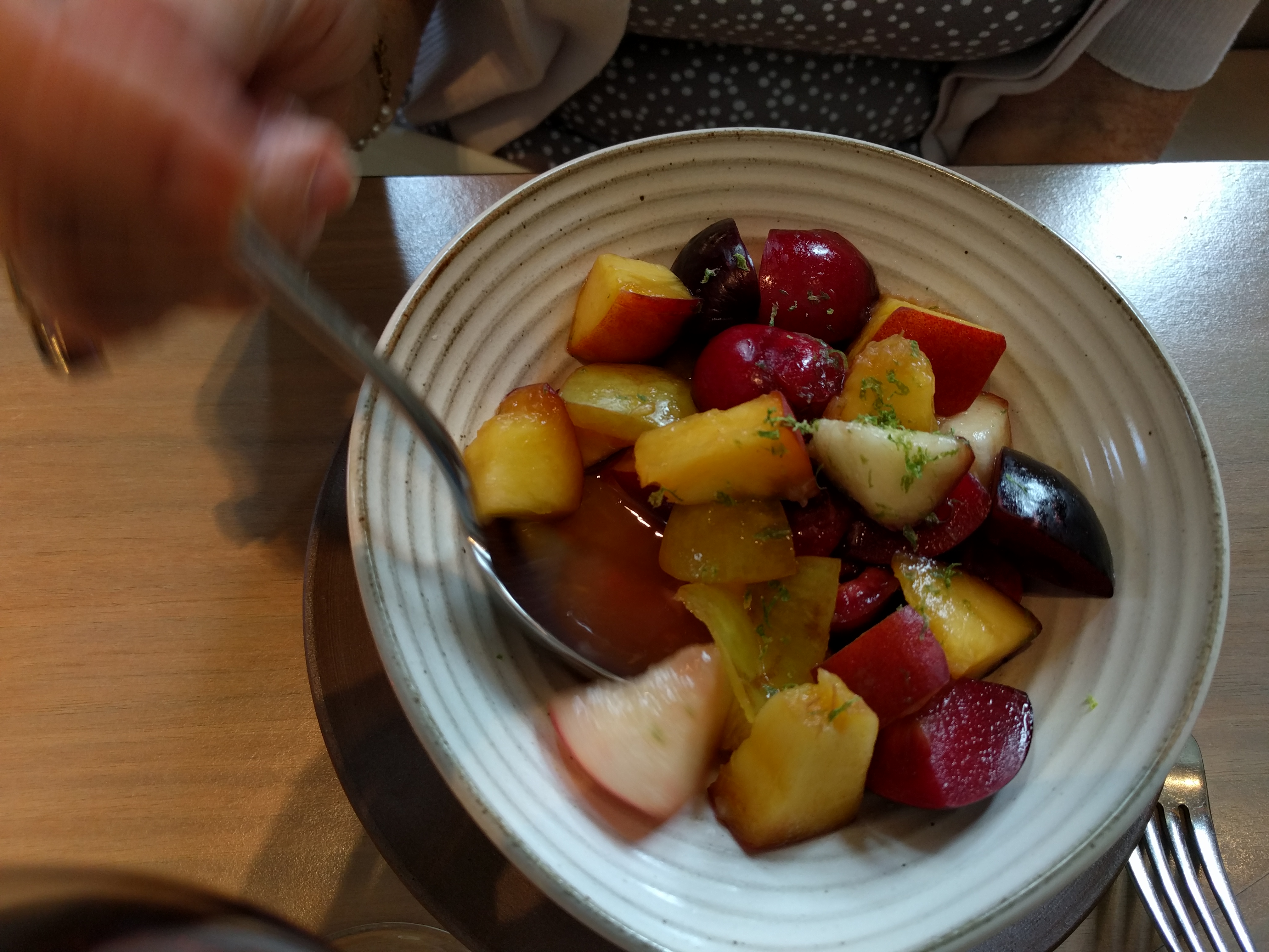 My dessert of fresh peaches, pears, cherries, apples, and plums 